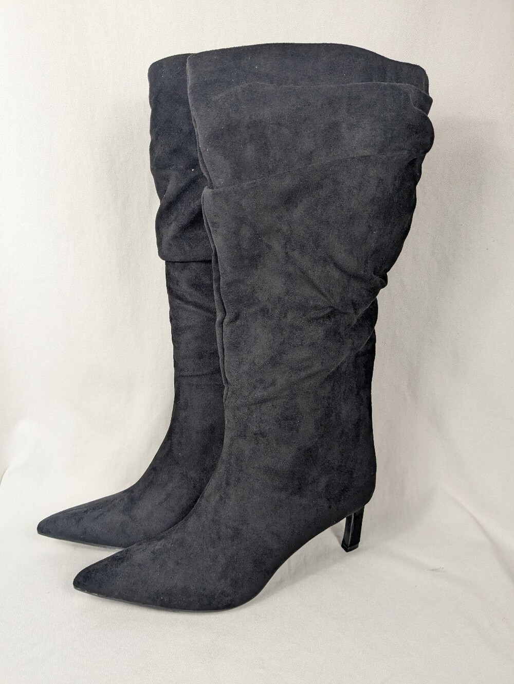 Black Faux Suede Kitten Heel Slouch Boots